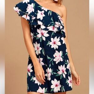 The Impeccable Pig Navy Floral One-Shoulder Dress